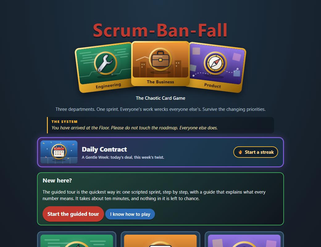 The Scrum-Ban-Fall main menu with Engineering, The Business and Product cards and a Daily Contract.